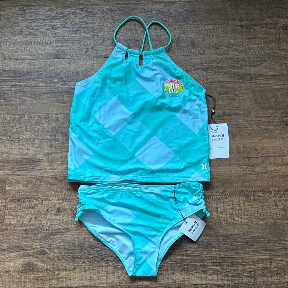 Hurley Girls Tankini 2-Piece Swimsuit Tropical Turquoise Blue Plaid Checkered